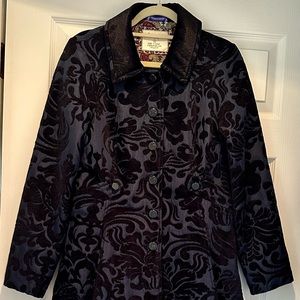 NWOT Free People Sz 10 Dark Blue Brocade Jacket With Black Velour Collar